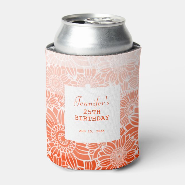 Orange Peach Stripes Floral Birthday  Can Cooler (Can Front)