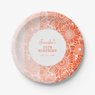 Orange Peach Stripes Floral Birthday  Paper Plate