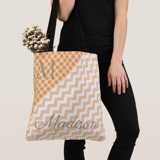 Orange Peach Trendy Dots Zig Girly Name Monogram Tote Bag (Close Up)