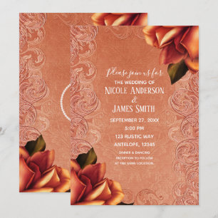 Orange Peach Vintage Antique Rose Elegant Wedding Invitation