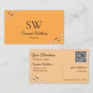 Orange Peach with Silver Lines Monogram QR Code Business Card