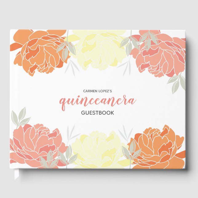 Orange Peach Yellow Peonies Quinceanera Guestbook (Front)