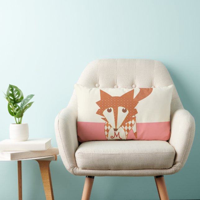 Orange Peachy Pink Monogram Stylised Fox Pilow Lumbar Cushion (Chair)