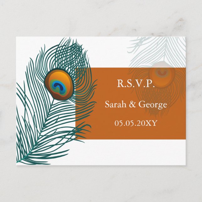 orange peacock wedding  rsvp invitation postcard (Front)