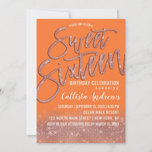 Orange Peel Rose Gold Glitter Typography Sweet 16 Invitation (Front)