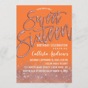 Orange Peel Rose Gold Glitter Typography Sweet 16 Invitation