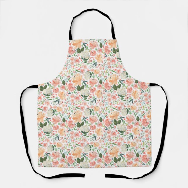 Orange Peonies and White Hydrangeas Floral Pattern Apron (Front)