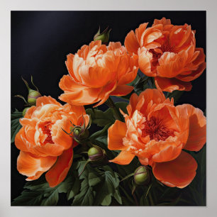 Orange Peonies Flower Art Print Poster