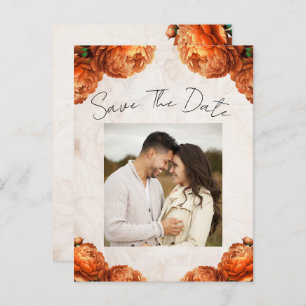 Orange Peony Flowers Vintage Save the Date Announcement Postcard