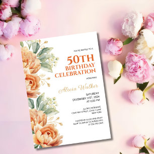 Orange Peony Gold Leaf Rustic Floral Birthday  Invitation