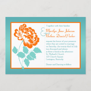 Orange Peony on Turquoise Wedding Invite