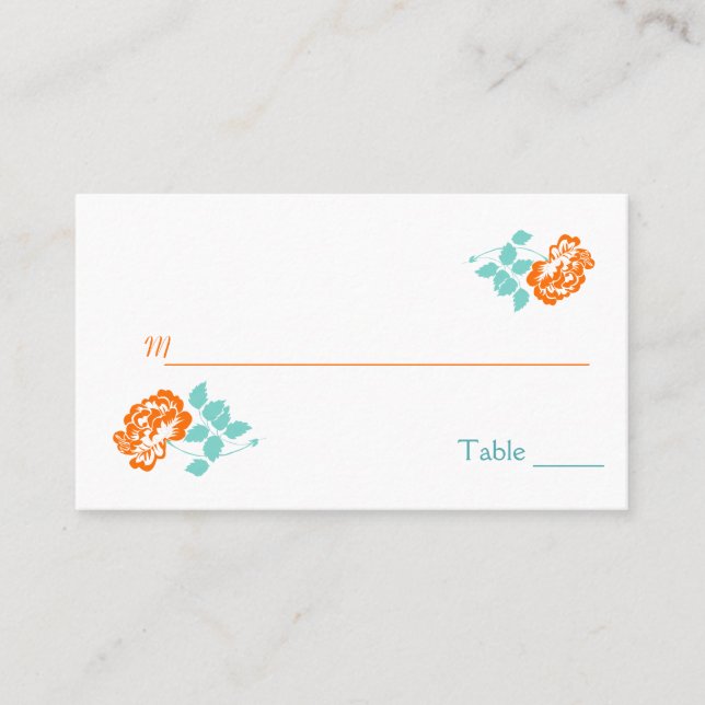 Orange Peony on White with Turquoise Placecards (Front)