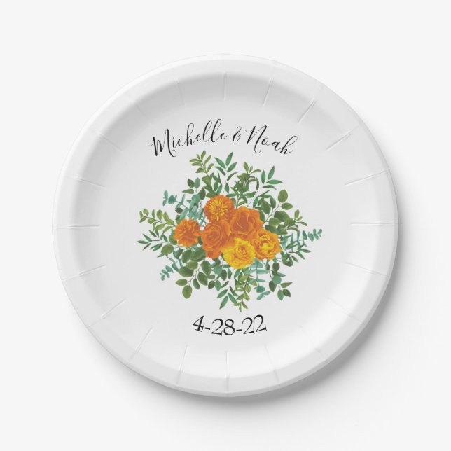 Orange Peony & Rose Floral Wedding Paper Plate (Front)