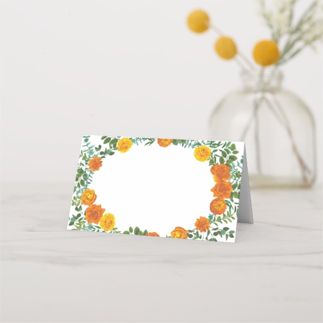 Orange Peony & Rose Floral Wedding Place Card (Front)