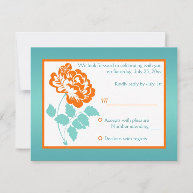 Orange Peony with Turquoise Reply Card (Front)