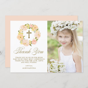 Orange Peony Wreath Gold First Holy Communion Thank You Card
