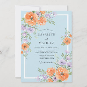 Orange Periwinkle Ranunculus Eucalyptus Wedding Invitation