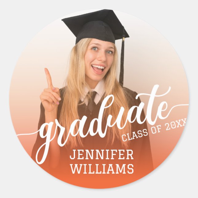 Orange | Personalised Graduation Photo Graduate Classic Round Sticker (Front)