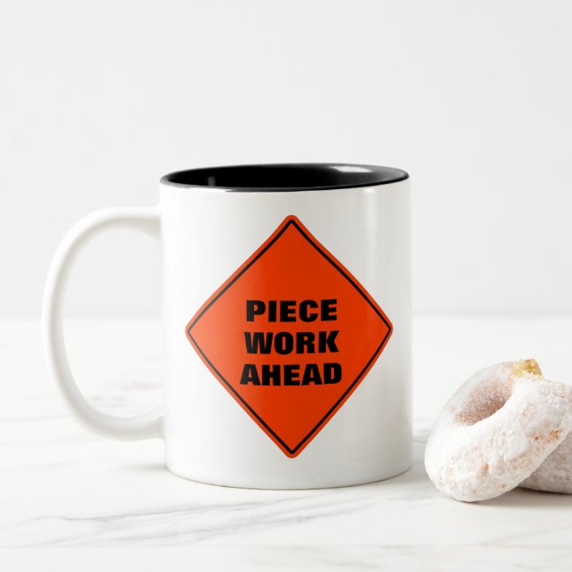 Orange personalised piece work ahead road sign Two Two-Tone Coffee Mug (With Donut)