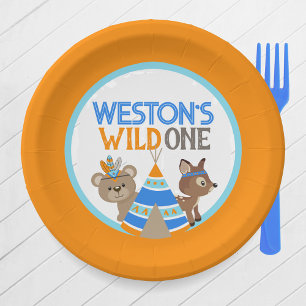 Orange Personalised Wild One Woodland Birthday Paper Plate