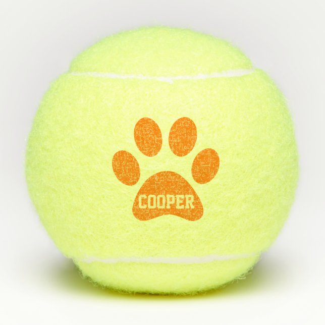 Orange Pet Paw Print Personalised Name Toy Tennis Balls (Front)