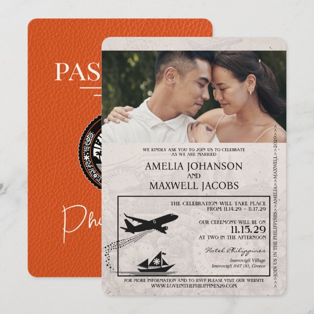 Orange Philippines Passport Wedding Invitation (Front/Back)