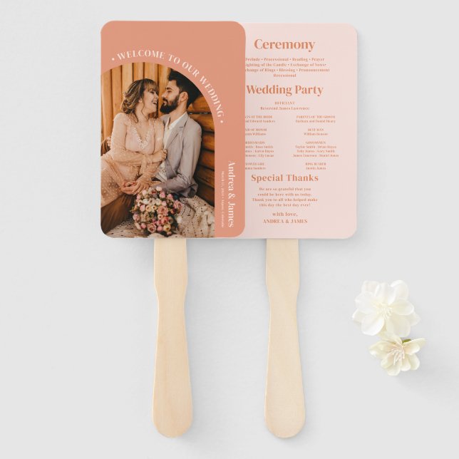 Orange Photo Boho Disco Wedding Program Hand Fan (Front and Back)