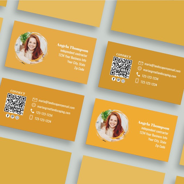 Orange Photo QR Code Social Media Business Card (Modern orange business cards with photo and qr code template..)