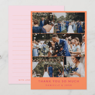 Orange Pink 5 Wedding Photo Collage Thank You Card