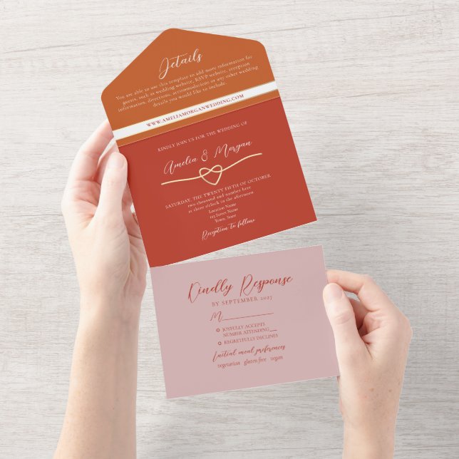Orange Pink and Red Wedding All In One Invitation (Tearaway)
