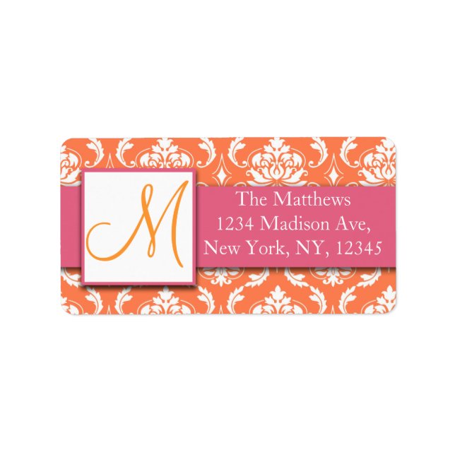 Orange Pink and White Damask Avery Address Labels (Front)