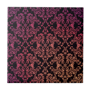 Orange Pink Black Damask Pattern Tile