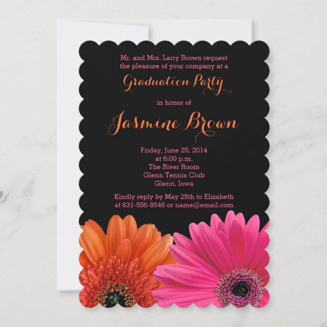 Orange Pink Black Gerbera Daisy Graduation Party Invitation (Front)