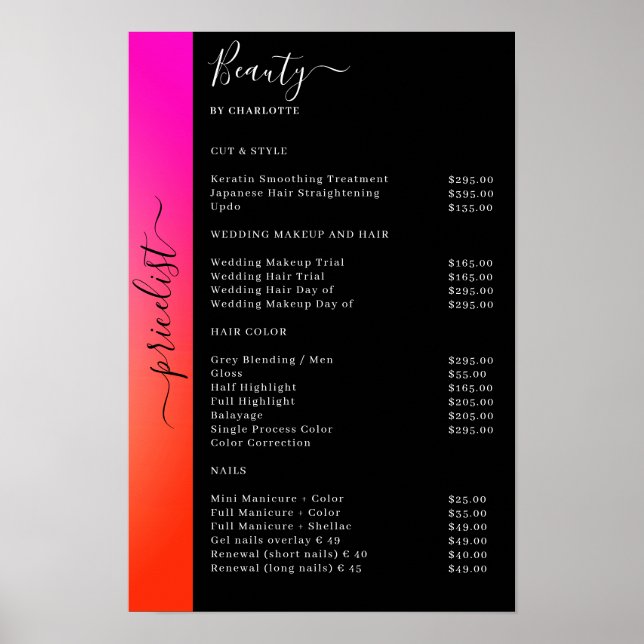 Orange, Pink & Black Pricelist Salon Poster (Front)
