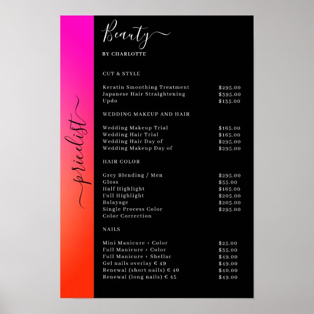 Orange, Pink & Black Pricelist Salon Poster (Front)