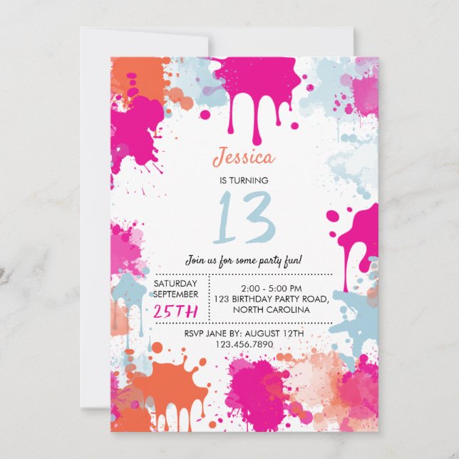 Orange Pink Blue Abstract Modern Girl Birthday Invitation (Front)