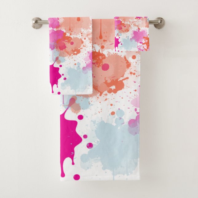 Orange Pink Blue Abstract Modern Paint Splashes Bath Towel Set (Insitu)
