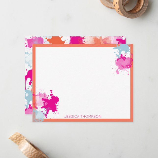 Orange Pink Blue Abstract Modern Paint Splashes  Card (Front/Back In Situ)