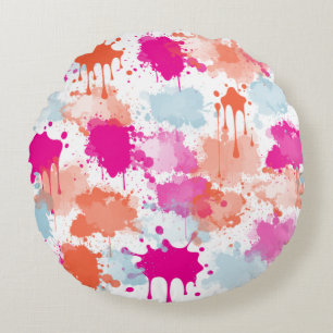 Orange Pink Blue Abstract Modern Paint Splashes  Round Cushion