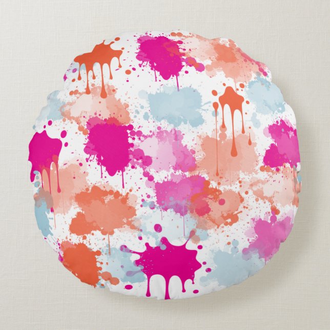 Orange Pink Blue Abstract Modern Paint Splashes  Round Cushion (Front)