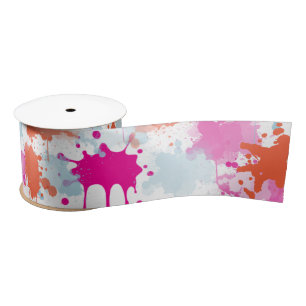 Orange Pink Blue Abstract Modern Paint Splashes Satin Ribbon