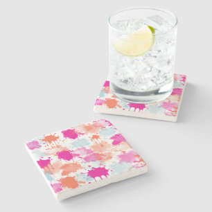 Orange Pink Blue Abstract Modern Paint Splashes Stone Coaster