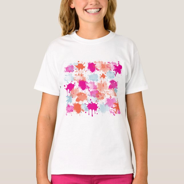 Orange Pink Blue Abstract Modern Paint Splashes  T-Shirt (Front)