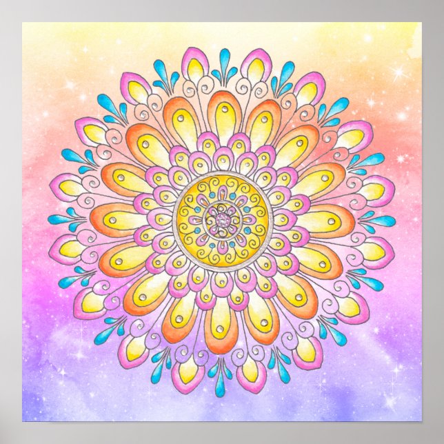 Orange Pink Blue Floral Watercolor Mandala   Poster (Front)