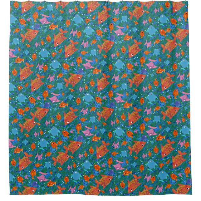 Orange Pink Blue Fun Fish Underwater in the Sea Shower Curtain (Front)