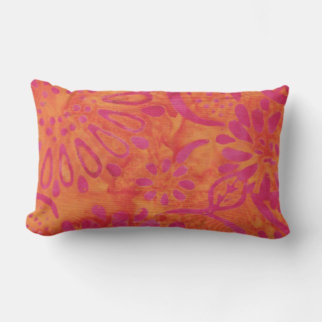 Orange Pink Boho Batik Floral Pattern Outdoor Lumbar Cushion (Front)