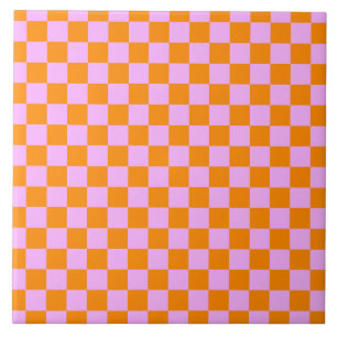 Orange + Pink Check Checkered Checkerboard Pattern Tile