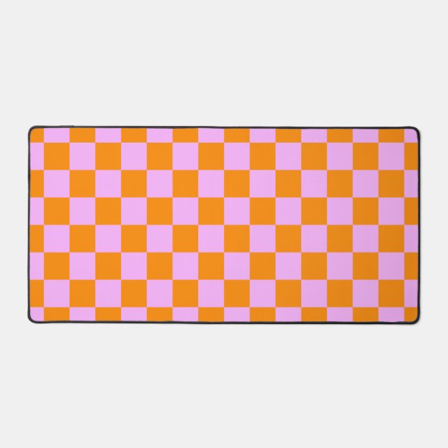 Orange + Pink Check Chequered Chequerboard Pattern Desk Mat (Front)
