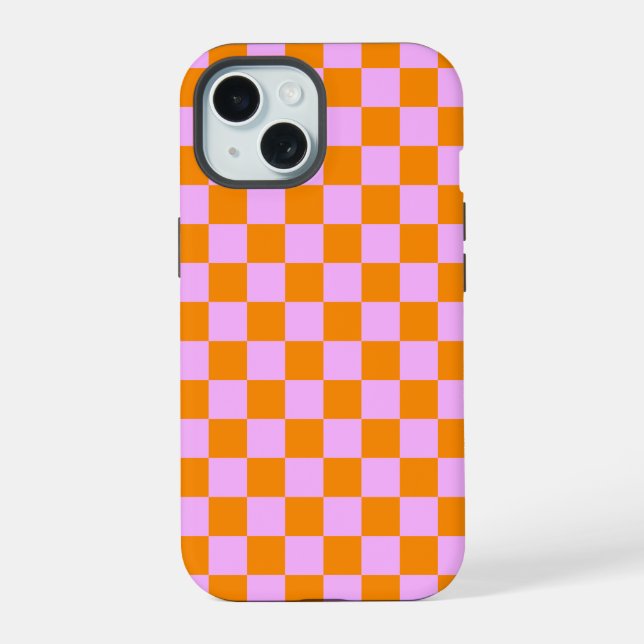 Orange + Pink Check Chequered Chequerboard Pattern iPhone 15 Case (Back)
