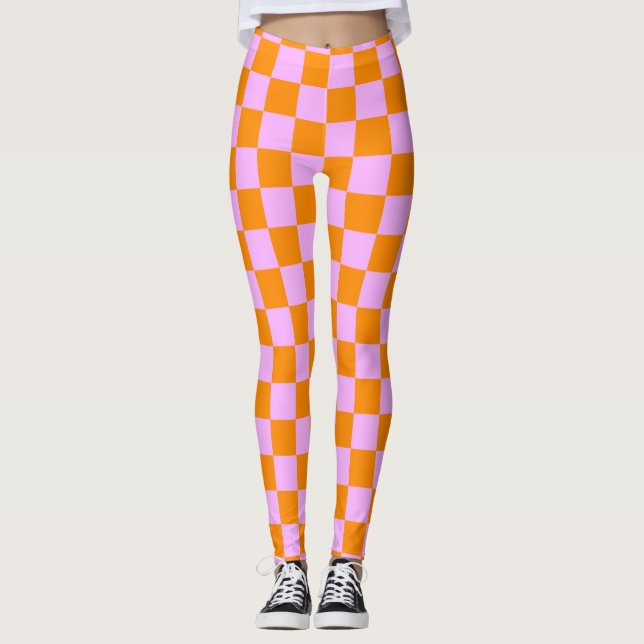 Orange + Pink Check Chequered Chequerboard Pattern Leggings (Front)
